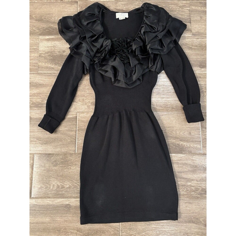 VTG Women’s Black Sweater dress Size M W/Avant-Garde Ruffle‎ Statement 80s
